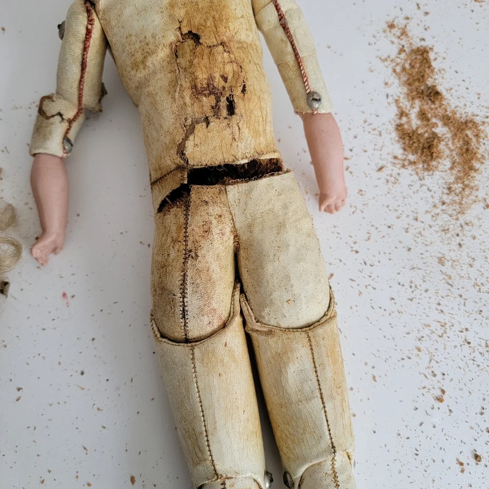 Antique Doll German Bisque Jointed Leather Body Needs Repair Sleep Eyes Teeth